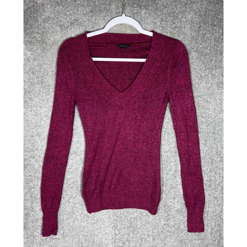 Express Knit Top Womens Size Small Dark Magenta Blue V-Neck Pullover Long Sleeve